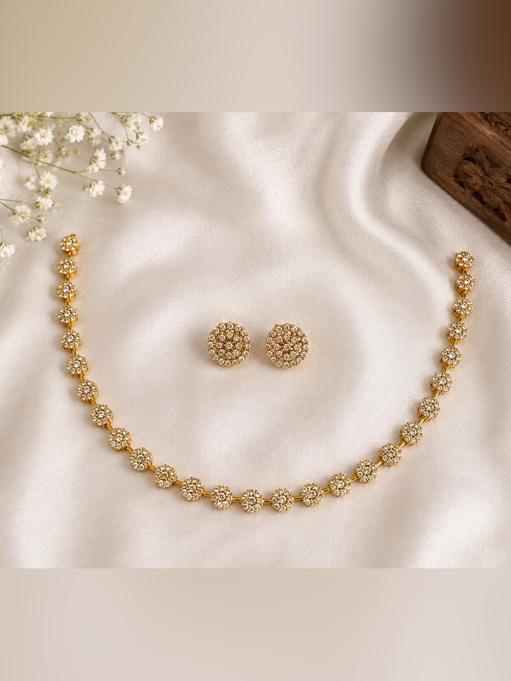 Gold Floral Crystal Necklace and Stud Earrings Set